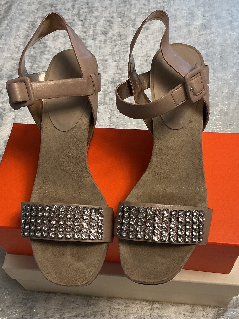 Nine West Taupe Crystal-Studded Ankle Strap Sandals